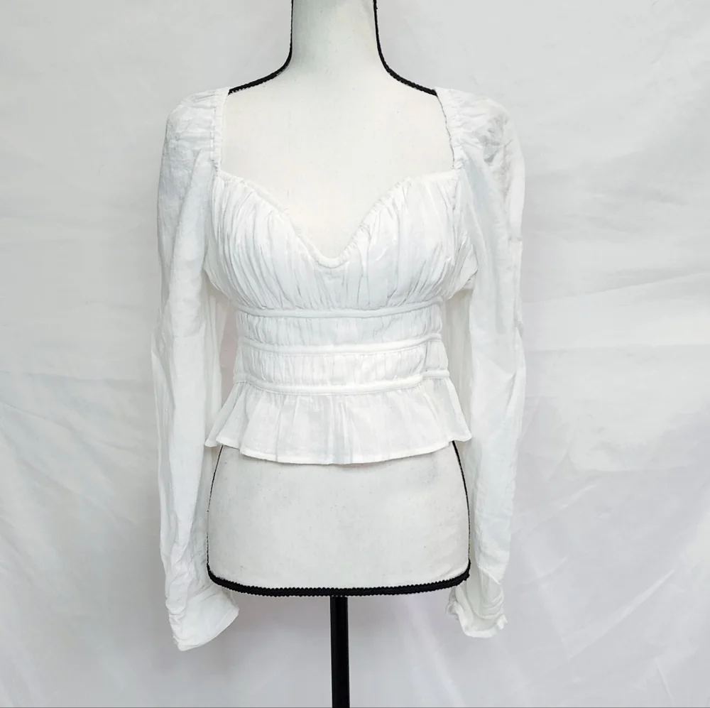 Free People Sweetheart Neck Long Puff Sleeve Peplum Crop Top